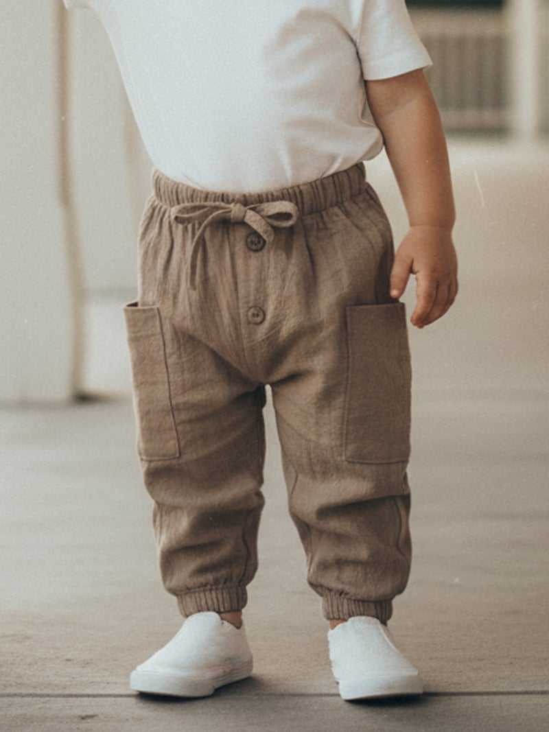 Baby Boys Pants Elastic Waist Solid Color Jogger Pants Casual Cargo Trousers with Pockets - Image 4