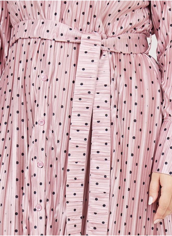 Styli Styli Plus Satin Plisse Spot Print Shirt Midi Dress with Self Tie Up  - Image 3