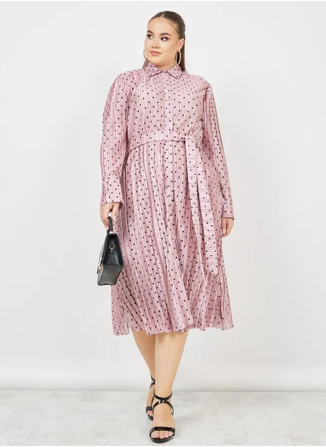 Styli Styli Plus Satin Plisse Spot Print Shirt Midi Dress with Self Tie Up