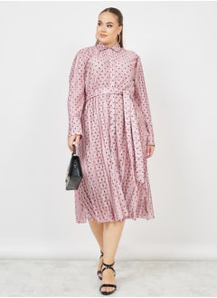 Styli Plus Satin Plisse Spot Print Shirt Midi Dress with Self Tie Up  - Image 1