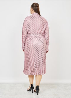 Styli Plus Satin Plisse Spot Print Shirt Midi Dress with Self Tie Up  - Image 4