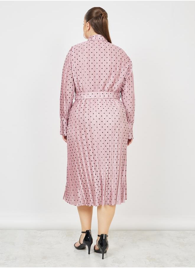 Styli Plus Satin Plisse Spot Print Shirt Midi Dress with Self Tie Up  - Image 4