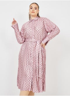 Styli Plus Satin Plisse Spot Print Shirt Midi Dress with Self Tie Up  - Image 2