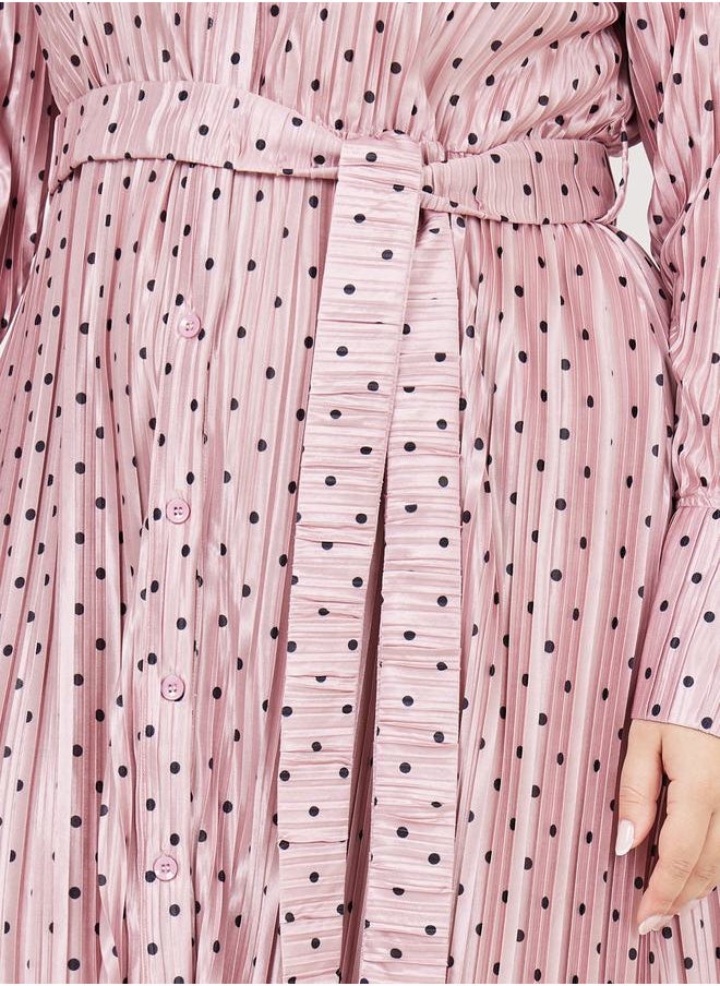 Styli Plus Satin Plisse Spot Print Shirt Midi Dress with Self Tie Up  - Image 3
