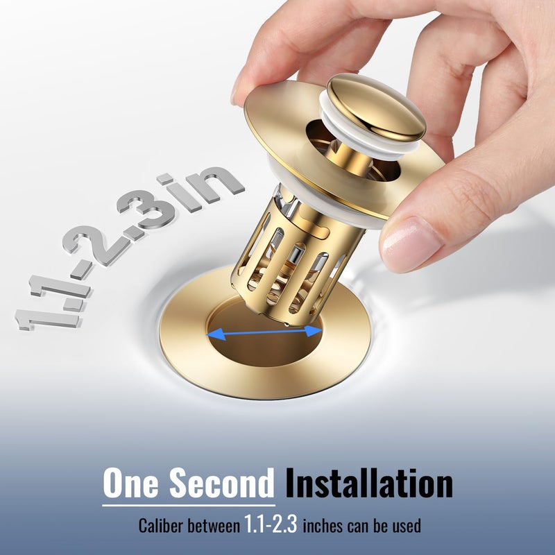 JOMSTHOME (2 Pc) Bathroom Sink Stopper-All Metal Sink Stopper-Universal Fit 99% Bathroom Stopper with Removable Stainless Steel Hair Catcher- Basin (1.1'' to 2.36'' inch) - Golden - Image 4
