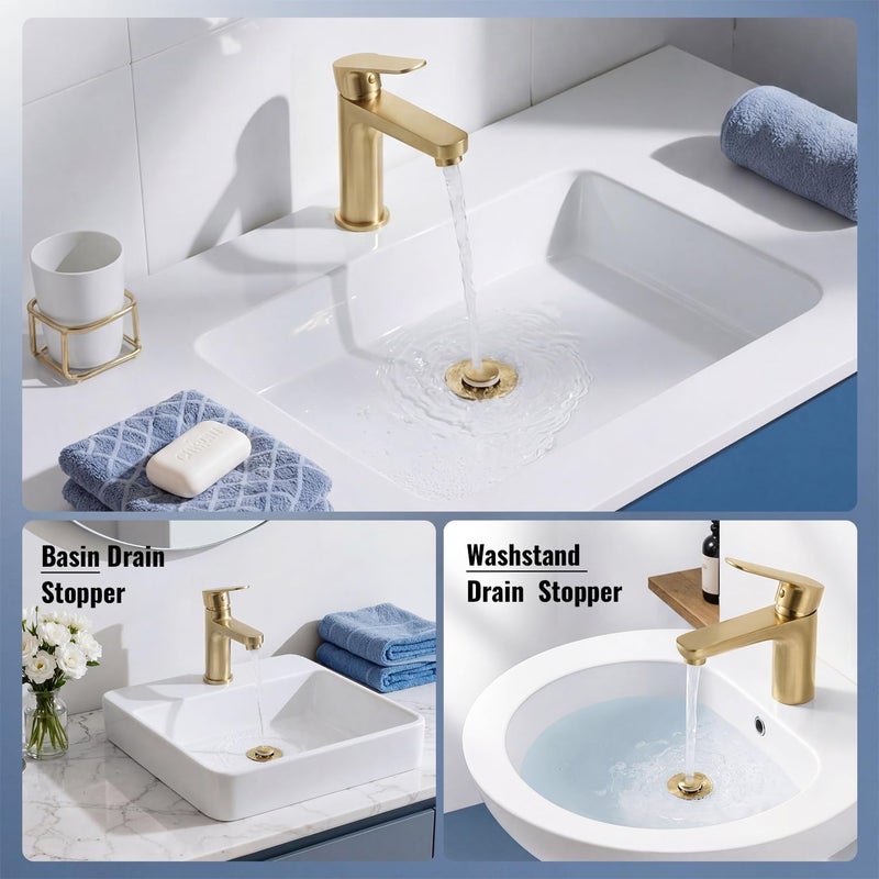 JOMSTHOME (2 Pc) Bathroom Sink Stopper-All Metal Sink Stopper-Universal Fit 99% Bathroom Stopper with Removable Stainless Steel Hair Catcher- Basin (1.1'' to 2.36'' inch) - Golden - Image 5
