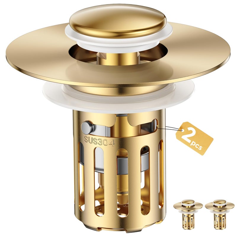JOMSTHOME (2 Pc) Bathroom Sink Stopper-All Metal Sink Stopper-Universal Fit 99% Bathroom Stopper with Removable Stainless Steel Hair Catcher- Basin (1.1'' to 2.36'' inch) - Golden - Image 1