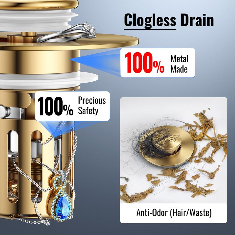 JOMSTHOME (2 Pc) Bathroom Sink Stopper-All Metal Sink Stopper-Universal Fit 99% Bathroom Stopper with Removable Stainless Steel Hair Catcher- Basin (1.1'' to 2.36'' inch) - Golden - Image 3