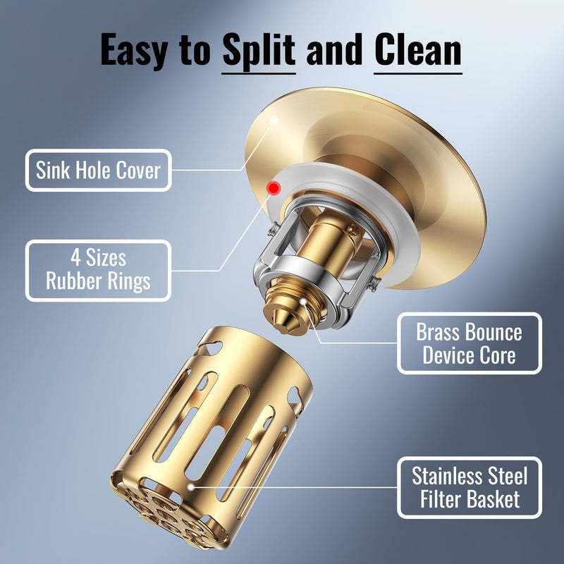JOMSTHOME (2 Pc) Bathroom Sink Stopper-All Metal Sink Stopper-Universal Fit 99% Bathroom Stopper with Removable Stainless Steel Hair Catcher- Basin (1.1'' to 2.36'' inch) - Golden - Image 2