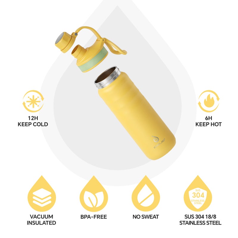 IDEUS Insulated Stainless Steel Water Bottle with 2 Leak-Proof Lids, Thermal Water Flask for Hiking Biking, 24oz, Bright Yellow - Image 2