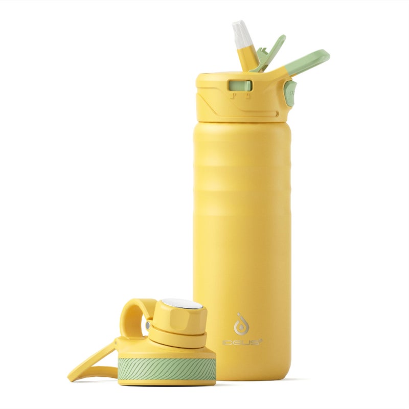IDEUS Insulated Stainless Steel Water Bottle with 2 Leak-Proof Lids, Thermal Water Flask for Hiking Biking, 24oz, Bright Yellow - Image 1