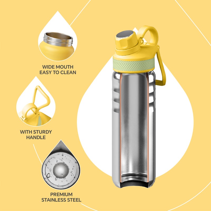 IDEUS Insulated Stainless Steel Water Bottle with 2 Leak-Proof Lids, Thermal Water Flask for Hiking Biking, 24oz, Bright Yellow - Image 3