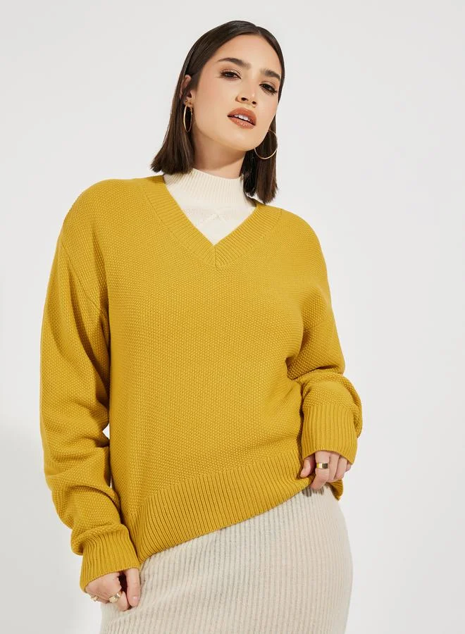 Styli Boxy Fit Regular Length Chunky Knit V Neck Sweater