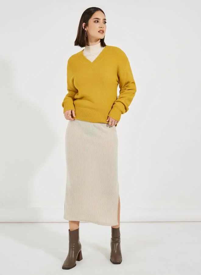 Styli Boxy Fit Regular Length Chunky Knit V Neck Sweater