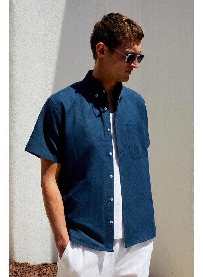 GRIMELANGE PASSI Men's Short Sleeve Single Pocket Relaxed Fit Navy Shirt - Image 3