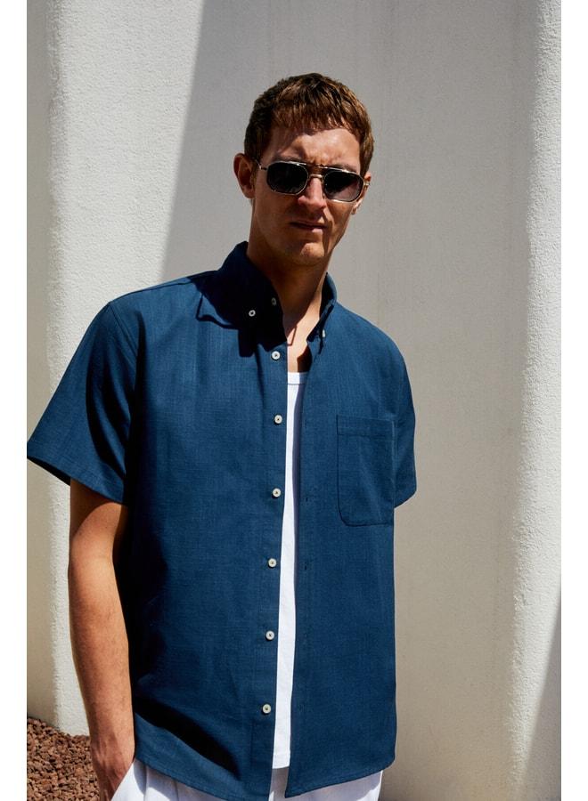 GRIMELANGE PASSI Men's Short Sleeve Single Pocket Relaxed Fit Navy Shirt - Image 1