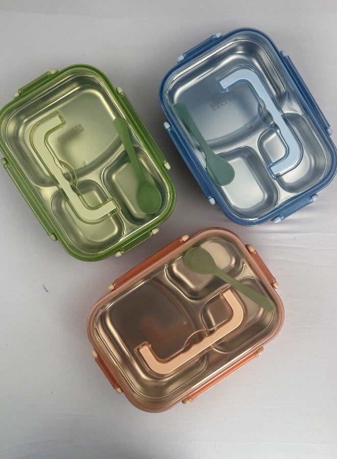 Toshionics صندوق غداء من الفولاذ المقاوم للصدأ بثلاثة أقسام مع ملعقة ومقبض، حاوية طعام بنتو مانعة للتسرب مع صينية قابلة للإزالة، خالية من BPA، آمنة للاستخدام في الميكروويف وغسالة الصحون – 1.5 لتر، للمدرسة، المكتب، السفر، الصالة الرياضية - Image 5