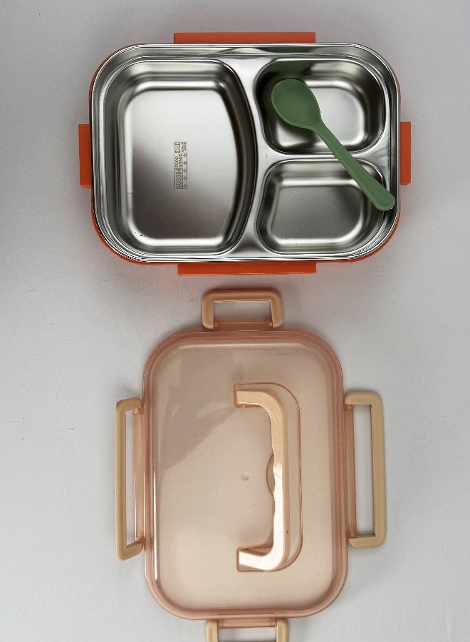 Toshionics صندوق غداء من الفولاذ المقاوم للصدأ بثلاثة أقسام مع ملعقة ومقبض، حاوية طعام بنتو مانعة للتسرب مع صينية قابلة للإزالة، خالية من BPA، آمنة للاستخدام في الميكروويف وغسالة الصحون – 1.5 لتر، للمدرسة، المكتب، السفر، الصالة الرياضية - Image 2