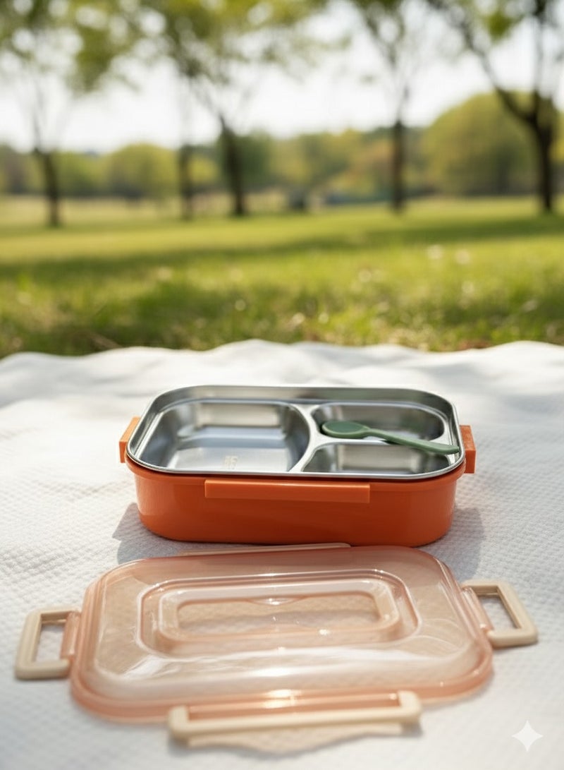 Toshionics صندوق غداء من الفولاذ المقاوم للصدأ بثلاثة أقسام مع ملعقة ومقبض، حاوية طعام بنتو مانعة للتسرب مع صينية قابلة للإزالة، خالية من BPA، آمنة للاستخدام في الميكروويف وغسالة الصحون – 1.5 لتر، للمدرسة، المكتب، السفر، الصالة الرياضية - Image 1