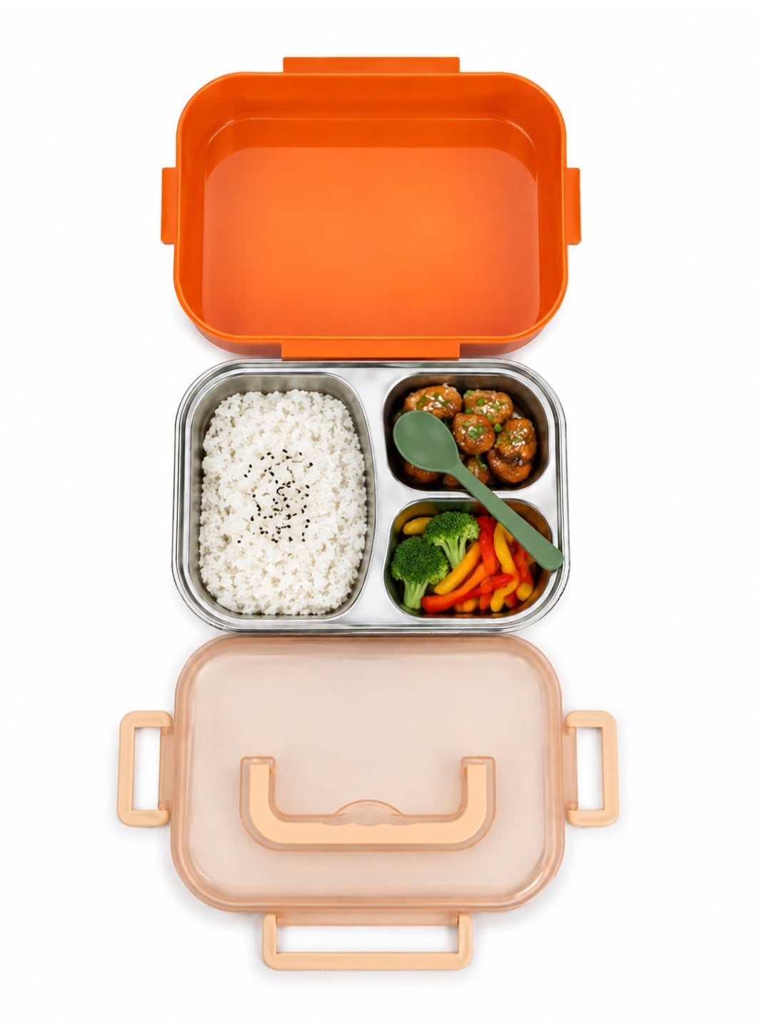 Toshionics 3-Compartment Stainless Steel Lunch Box with Spoon and Handle, Leakproof Bento Food Container with Removable Tray, BPA-Free, Microwave & Dishwasher Safe – 1.5L, for School, Office, Travel, 