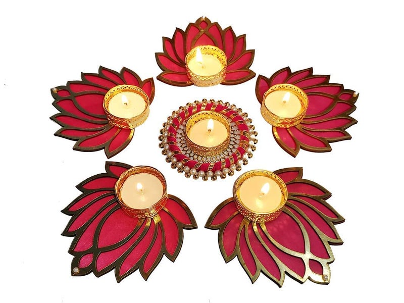 Urban Turtle Handcrafted Lotus Flower Rangoli Mat Tealight Candle Holder Traditional Colourful Designer Deepak Diya Tea Light Candle Set for Home Diwali Decoration Gifting Pack of 7 Red