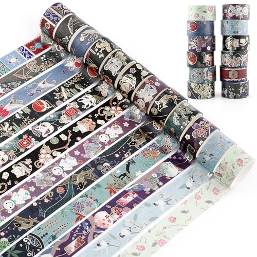 ARPOVIST 12 Rolls Vintage Gold Washi Tape Set Gold Foil Cat Mask Pattern Decorative TapeJapanese Arts Decorative Masking Tapes for DIY Scrapbook Design Journaling Handbook Making Card Wrap Craft Gift - Image 1