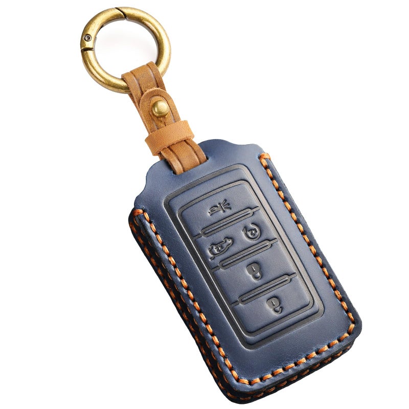 EASYANT Leather Key Fob Cover for Jeep 20212024 Grand Cherokee L Grand Wagoneer Key Case Protector keychain Smart Key Holder Blue