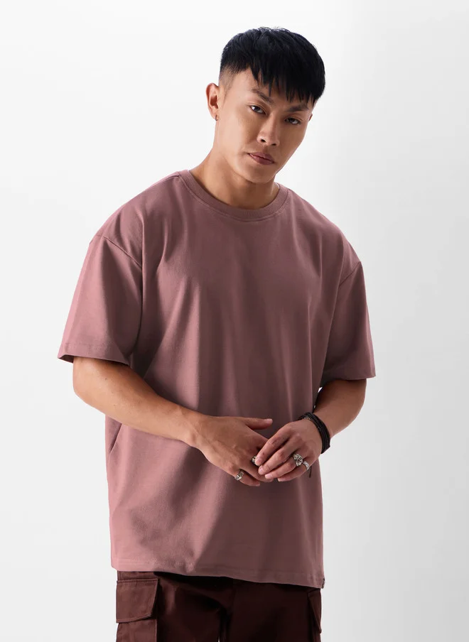 The Souled Store Men Mauve Solid Cotton Oversized Fit T-Shirt