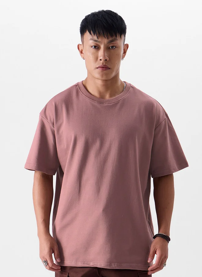 The Souled Store  The Souled Store Men Mauve Solid Cotton Oversized Fit T-Shirt  | Best Price UAE