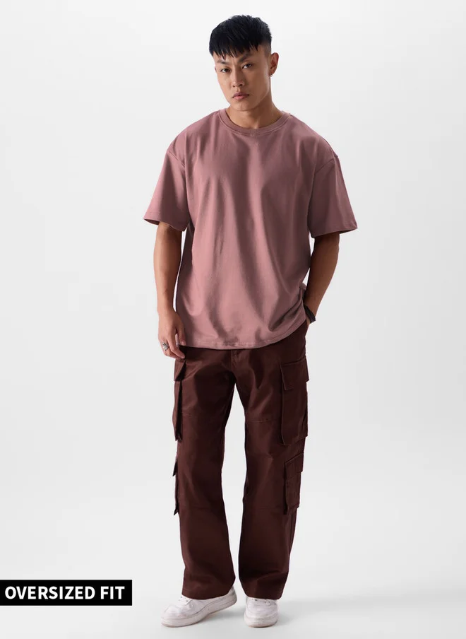 The Souled Store  The Souled Store Men Mauve Solid Cotton Oversized Fit T-Shirt  | Best Price UAE