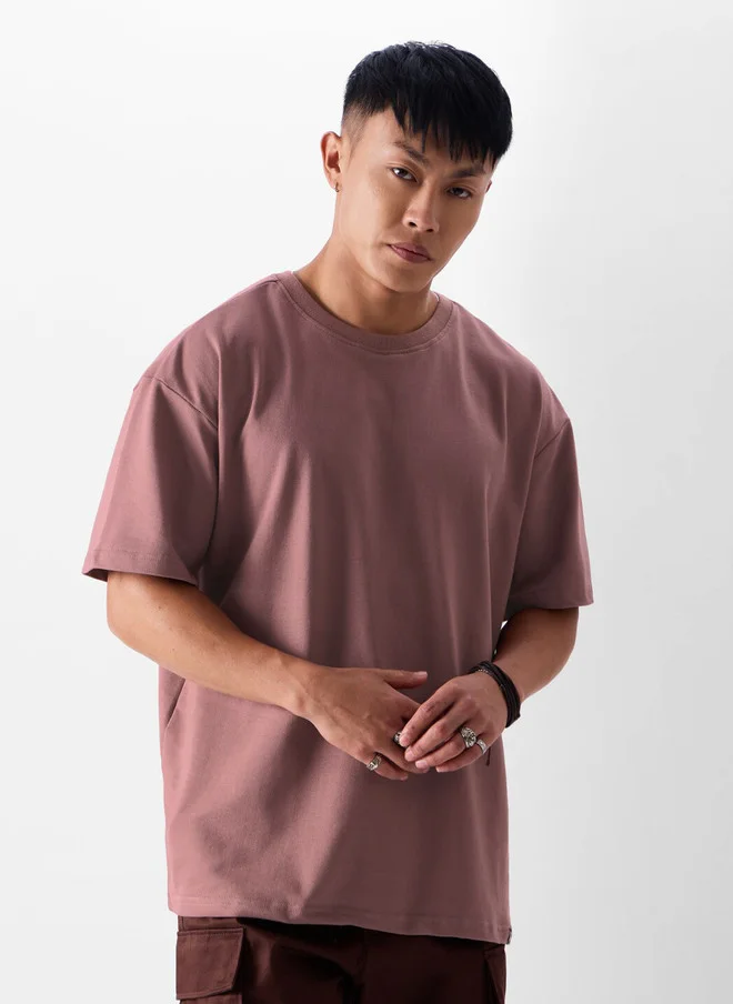 The Souled Store  The Souled Store Men Mauve Solid Cotton Oversized Fit T-Shirt  | Best Price UAE