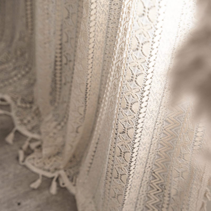 Sutuo Home Crochet Boho Curtain 84 Inches Length, Sheer Lace Handmade Tassels Knitted Window Treatment Vintage Rustic Bohemian Farmhouse Drape for Bedroom Rod Pocket 1 Panel 59" W x 84" L, Beige Wave - Image 5