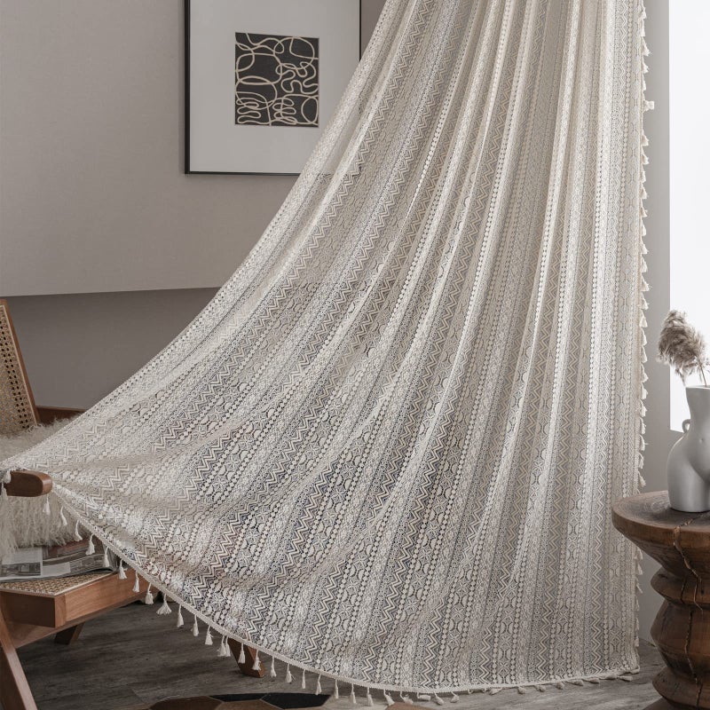 Sutuo Home Crochet Boho Curtain 84 Inches Length, Sheer Lace Handmade Tassels Knitted Window Treatment Vintage Rustic Bohemian Farmhouse Drape for Bedroom Rod Pocket 1 Panel 59" W x 84" L, Beige Wave - Image 1