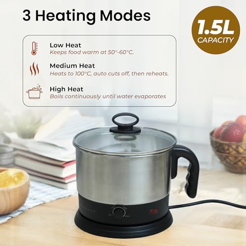 SOLARA Electric Kettle Multipurpose 1.5 Litre, 600 Watts, Stainless Steel Body with Glass Lid, 3 Boiling Modes, for Hot Water, Milk, Tea, Coffee, Cooking Oats, Noodles, Soup, Egg Boiler Machine-Black - Image 2