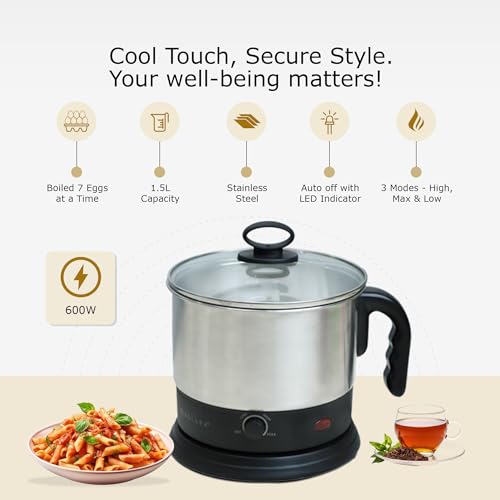 SOLARA Electric Kettle Multipurpose 1.5 Litre, 600 Watts, Stainless Steel Body with Glass Lid, 3 Boiling Modes, for Hot Water, Milk, Tea, Coffee, Cooking Oats, Noodles, Soup, Egg Boiler Machine-Black - Image 3