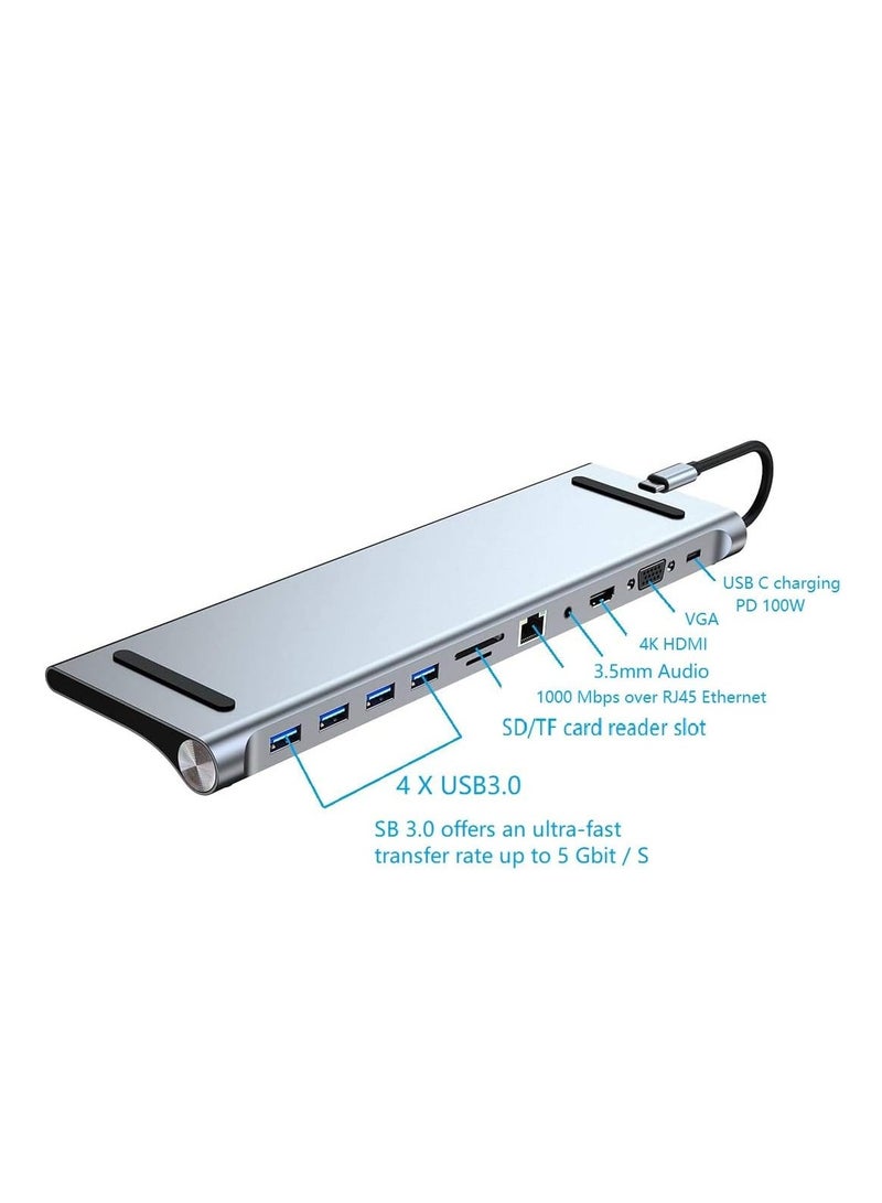 USB Type-C 11-in-1 Dock, C Hub for Macbook Pro, Macbook Docking Station USB C, Aluminum C Hub with Gigabit Ethernet, HDMI, VGA, Audio Mic Port, SD/TF Card Reader  - Image 2