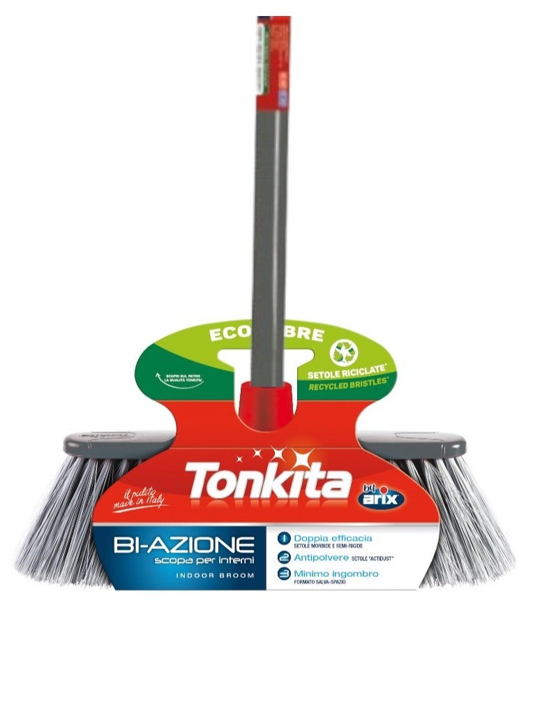 Tonkita Bi-Action+ Stick Broom – Heavy-Duty Indoor Broom with Built-In Squeegee and Furniture Protection
