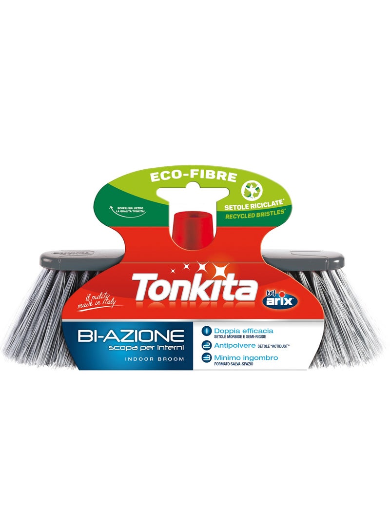 Tonkita Bi-Action+ Stick Broom – Heavy-Duty Indoor Broom with Built-In Squeegee and Furniture Protection