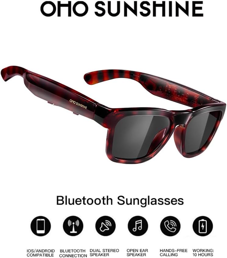 OhO sunshine نظارات أوهو سانشاين الشمسية بلوتوث، نظارات ذكية بتصميم الأذن المفتوحة، التحكم الصوتي، رفع/خفض الصوت، مقاومة الماء IP44، عدسات مستقطبة، حماية UV400، للبالغين من الجنسين، تصميم ع��ري، نظارات شمسية ملفوفة - Image 2