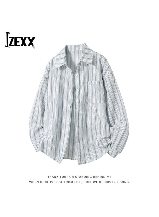 Izexx Striped Long-sleeve Shirt For Men, Spring And Summer Versatile Blouse, Cool Top, Loose-fitting Casual Style, Old Money Look, Ix66 Off-white, 3XL - Image 1