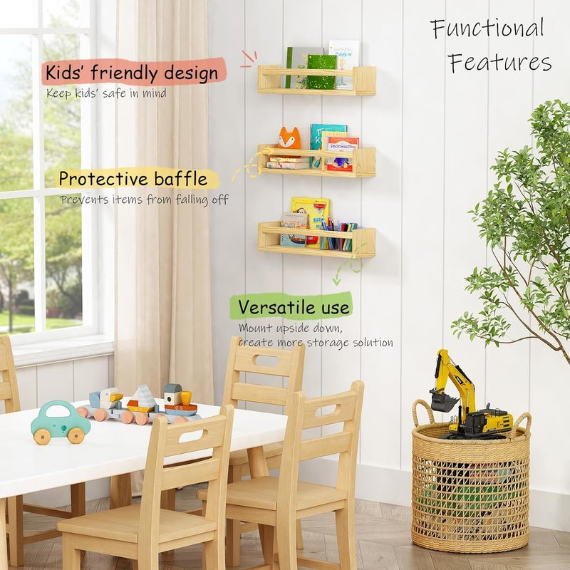 ABTRIX WITH AB Floating Nursery Book Shelves for Wall Set of 3 Natural Wood Kids Bookshelf Toy Organizer Small Wooden Baby Book Shelf for Nursery Bedroom Playroom Toddler Child Storage Easy Wall Mount - Image 3