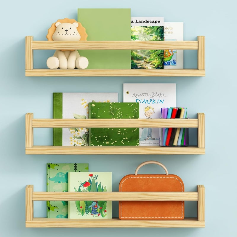 ABTRIX WITH AB Floating Nursery Book Shelves for Wall Set of 3 Natural Wood Kids Bookshelf Toy Organizer Small Wooden Baby Book Shelf for Nursery Bedroom Playroom Toddler Child Storage Easy Wall Mount - Image 1