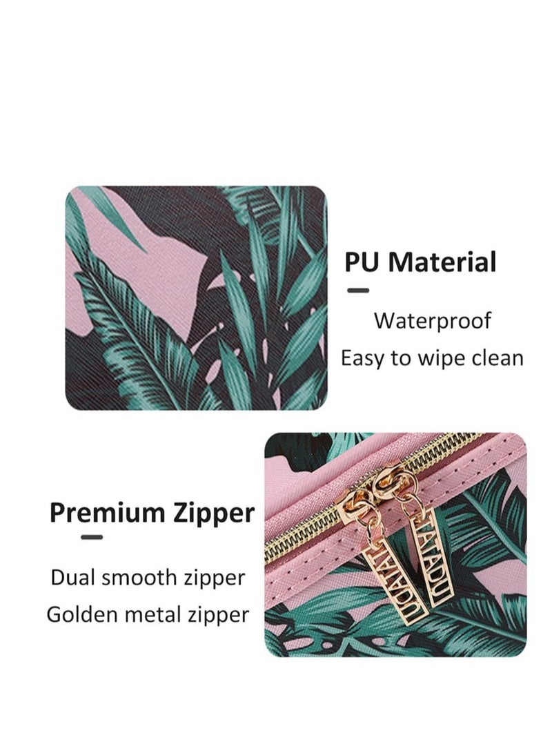 Captaintech Makeup Bag Large Makeup Bag for Women Waterproof Organizer Case with Toiletry Bags Green Leaf Print Cosmetic Bags With Makeup Brush Holder Travel Toiletry Storage Bag (Pink) - Image 4