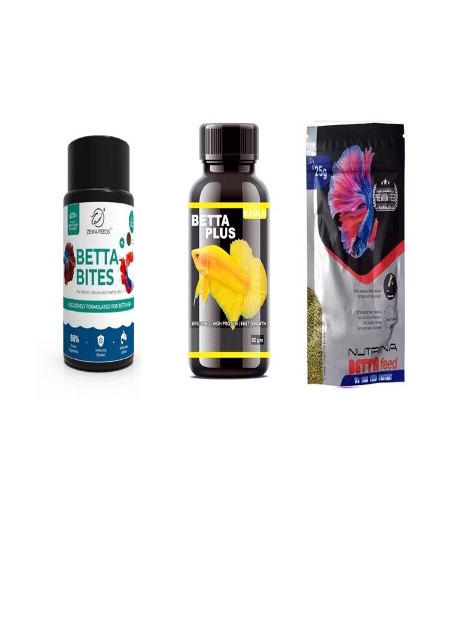 Fish Food for All Type Betta or Fighter Fish 3 in 1 Combo - for Fast Growth,Color,Immunity,breeding...etc - RichBay