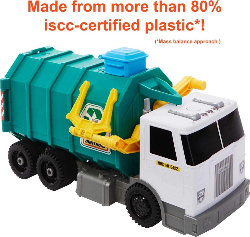 Matchbox 15-inch Recycling Truck, Lights & Sounds, Toy Cards for Kids Made from 80% ISCC-Certified Plastic - Image 3