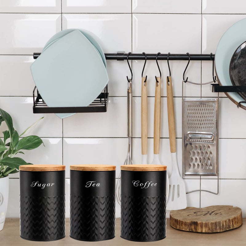 Bekith 3 Pack Kitchen Canisters with Bamboo Lids, Airtight Metal Canister Set, Food Storage Containers Jars for Coffee, Sugar, Tea, Flour, Rustic Kitchen Decor Containers, Black - Image 5