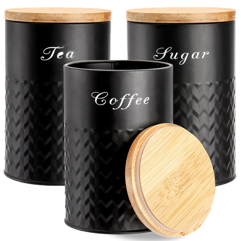 Bekith 3 Pack Kitchen Canisters with Bamboo Lids, Airtight Metal Canister Set, Food Storage Containers Jars for Coffee, Sugar, Tea, Flour, Rustic Kitchen Decor Containers, Black - Image 1