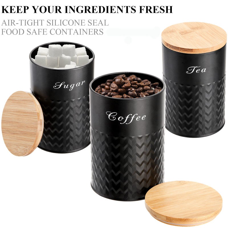 Bekith 3 Pack Kitchen Canisters with Bamboo Lids, Airtight Metal Canister Set, Food Storage Containers Jars for Coffee, Sugar, Tea, Flour, Rustic Kitchen Decor Containers, Black - Image 2