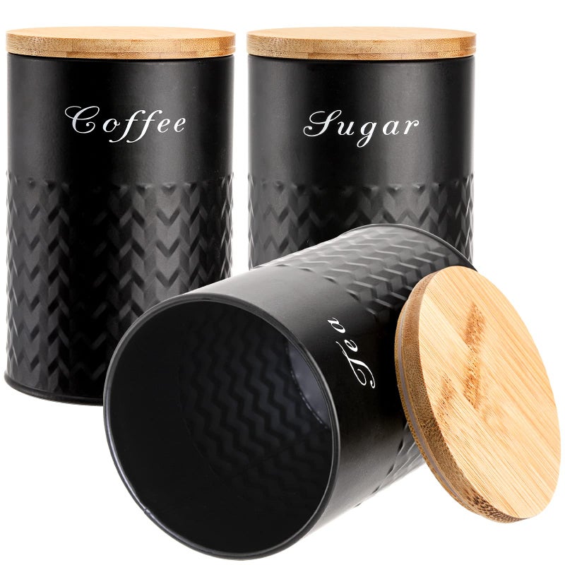 Bekith 3 Pack Kitchen Canisters with Bamboo Lids, Airtight Metal Canister Set, Food Storage Containers Jars for Coffee, Sugar, Tea, Flour, Rustic Kitchen Decor Containers, Black - Image 4