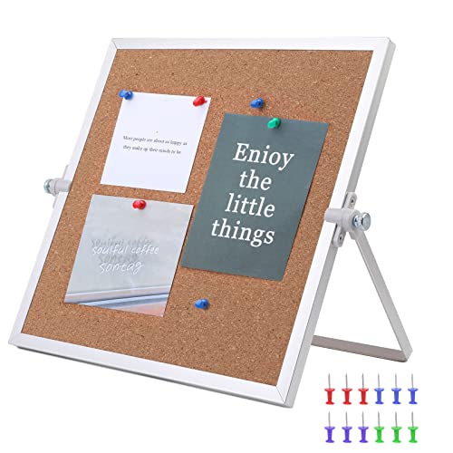 kdafio 9.8"×9.8" Cork Board Bulletin Board, Double Sided Pin Board with Silver Aluminum Border, Desktop Small Cork Board with Stand Suitable for Home, Office, Desk Message Board or Picture Board - Image 1
